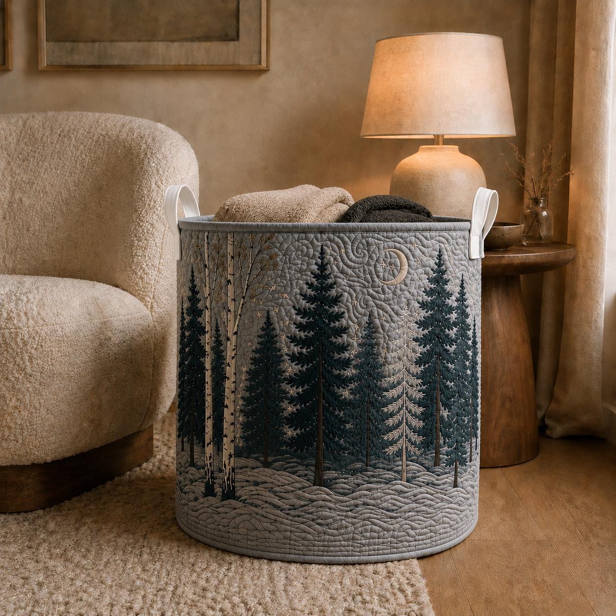 Laundry Basket and Storage Bin with Forest Woodland Quilt Style, Moon Pine Clothes Hamper for Rustic Cabin Bedroom Decor - photo 2