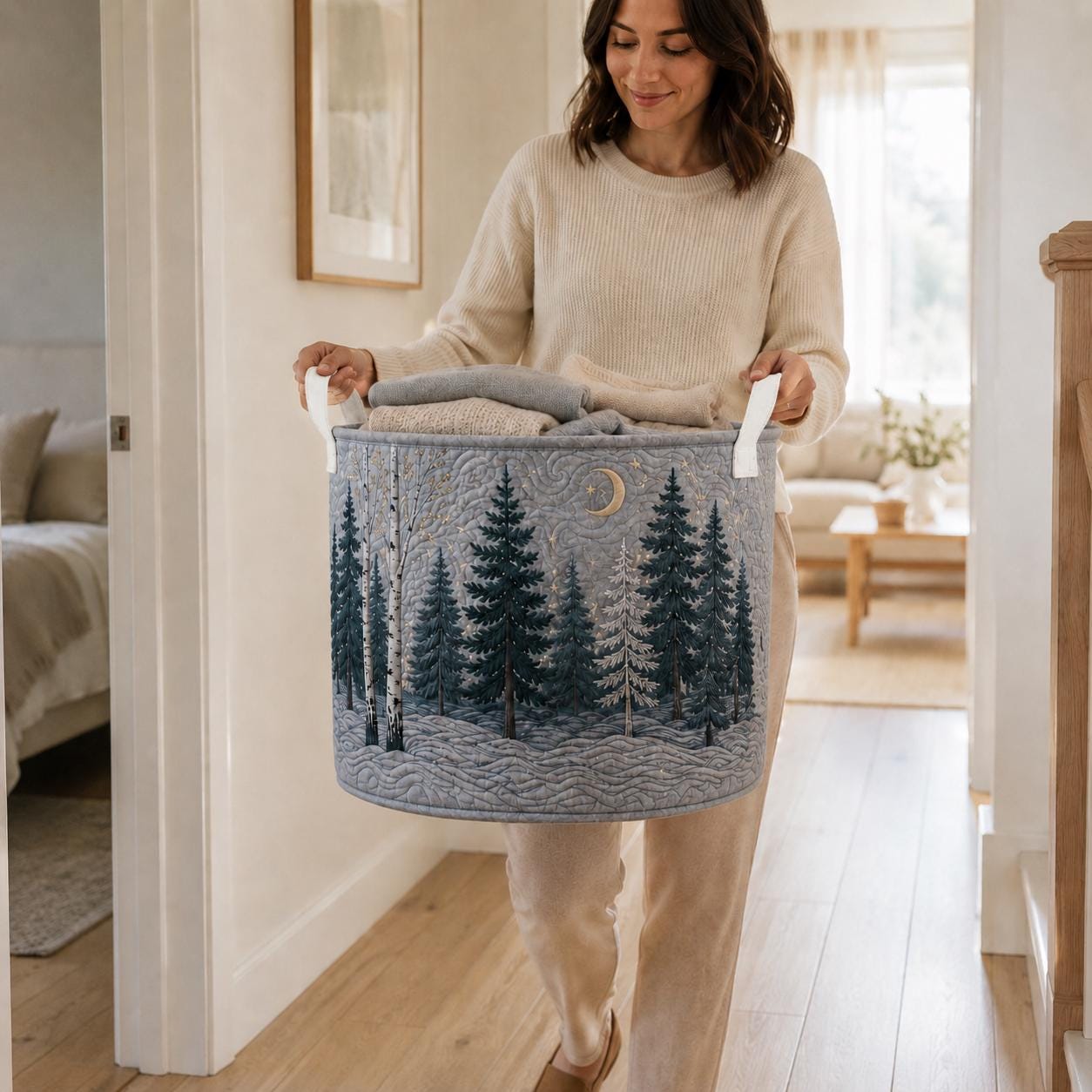 Laundry Basket and Storage Bin with Forest Woodland Quilt Style, Moon Pine Clothes Hamper for Rustic Cabin Bedroom Decor - photo 4