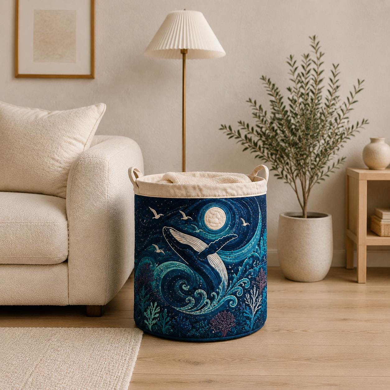 Laundry Basket and Storage Bin with Ocean Whale Quilt Style, Moonlit Sea Clothes Hamper for Coastal Nursery Room Decor