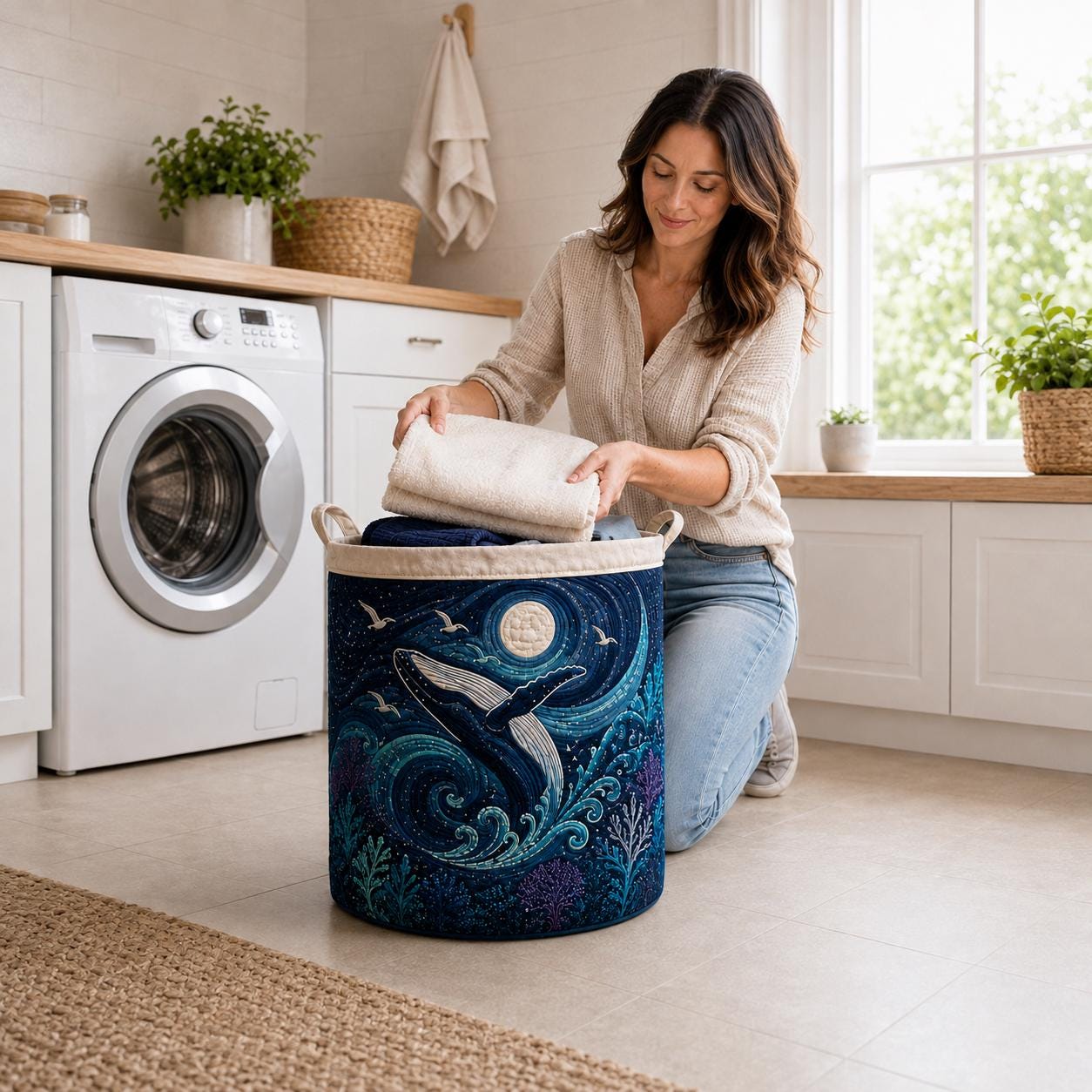 Laundry Basket and Storage Bin with Ocean Whale Quilt Style, Moonlit Sea Clothes Hamper for Coastal Nursery Room Decor - photo 2