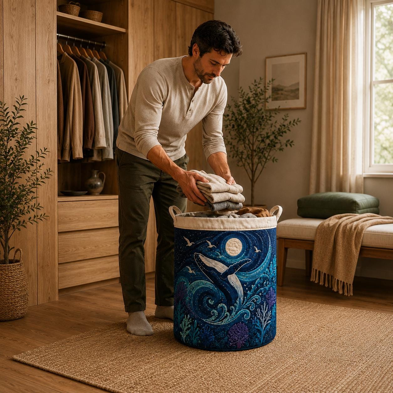 Laundry Basket and Storage Bin with Ocean Whale Quilt Style, Moonlit Sea Clothes Hamper for Coastal Nursery Room Decor - photo 5
