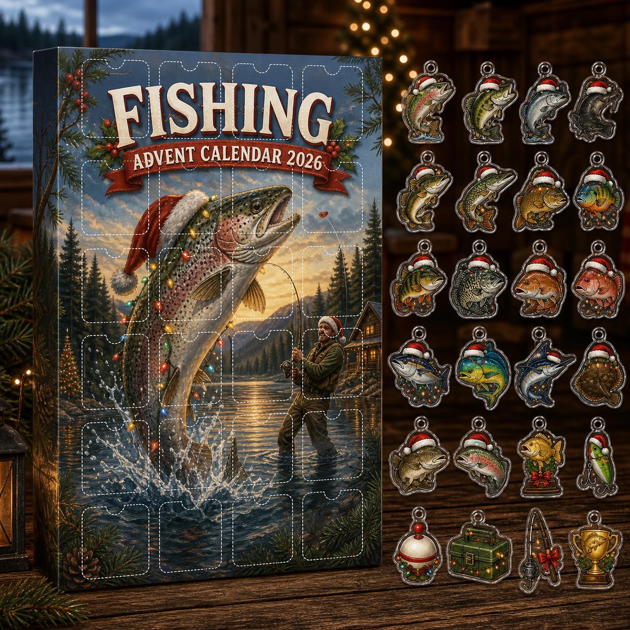 Fishing Advent Calendar 2026 – Fisherman Christmas Countdown Blind Box with Surprise Lure Keychain Gift for Anglers
