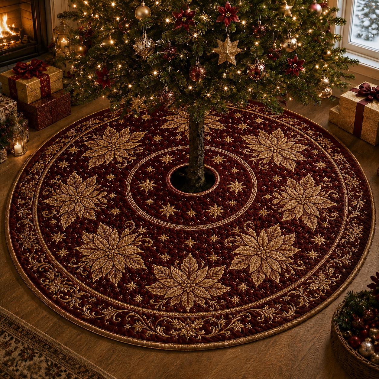 Poinsettia Floral Christmas Tree Skirt – Quilt Style Holiday Tree Mat and Base Cover Decor