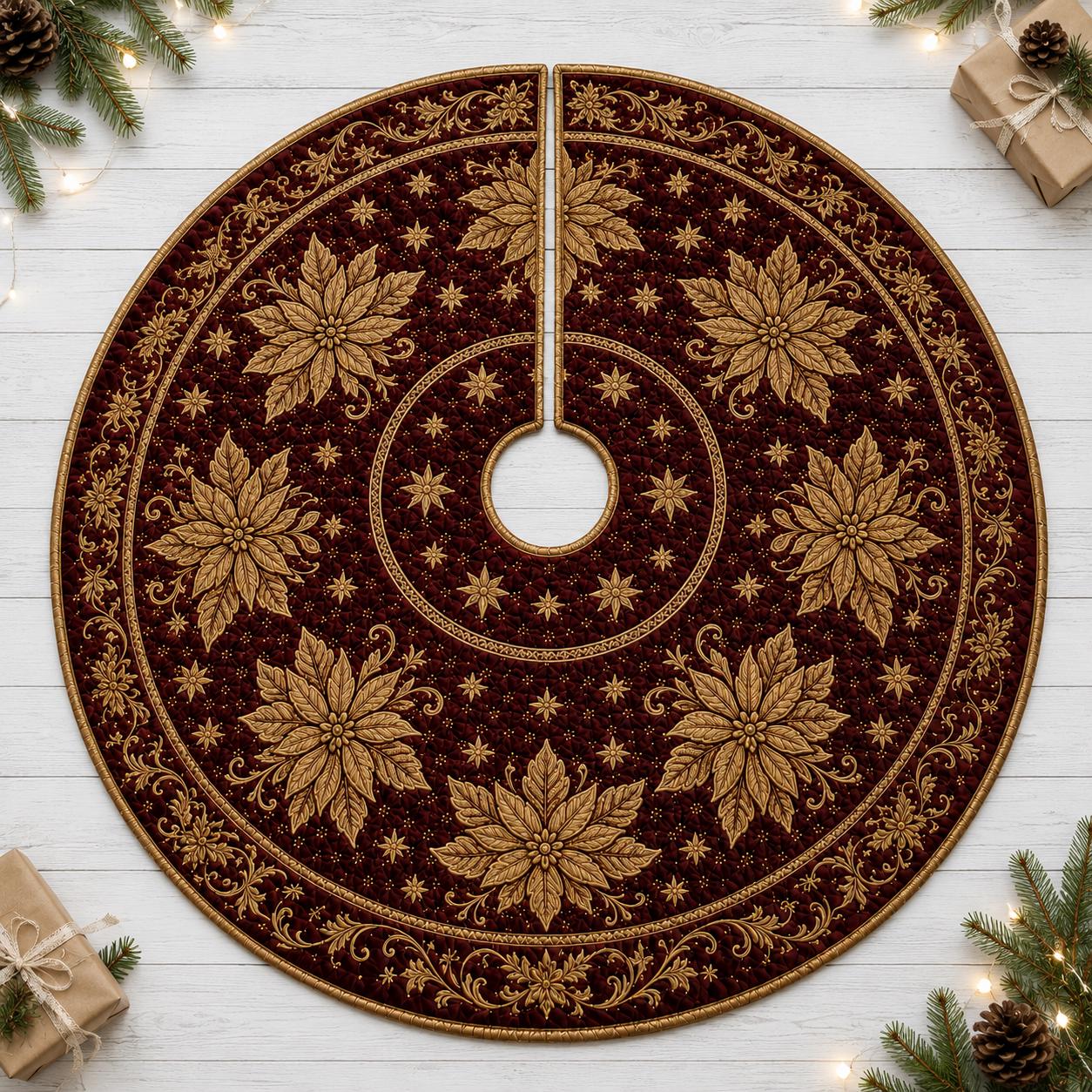 Poinsettia Floral Christmas Tree Skirt – Quilt Style Holiday Tree Mat and Base Cover Decor - photo 2