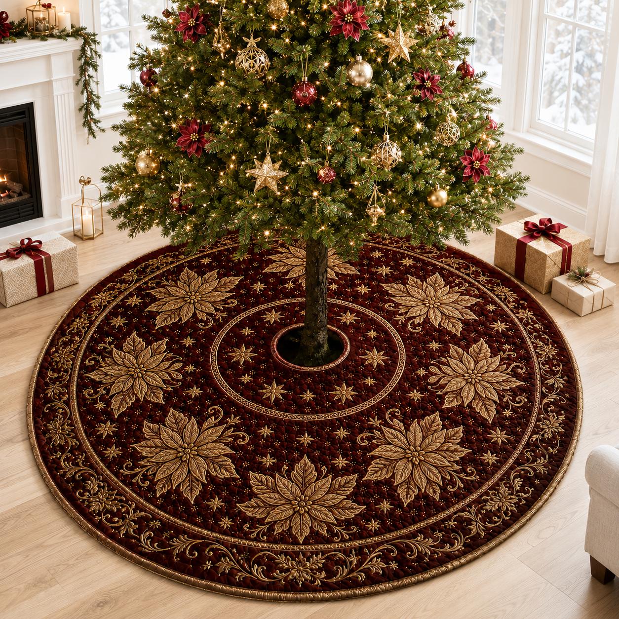 Poinsettia Floral Christmas Tree Skirt – Quilt Style Holiday Tree Mat and Base Cover Decor - photo 3