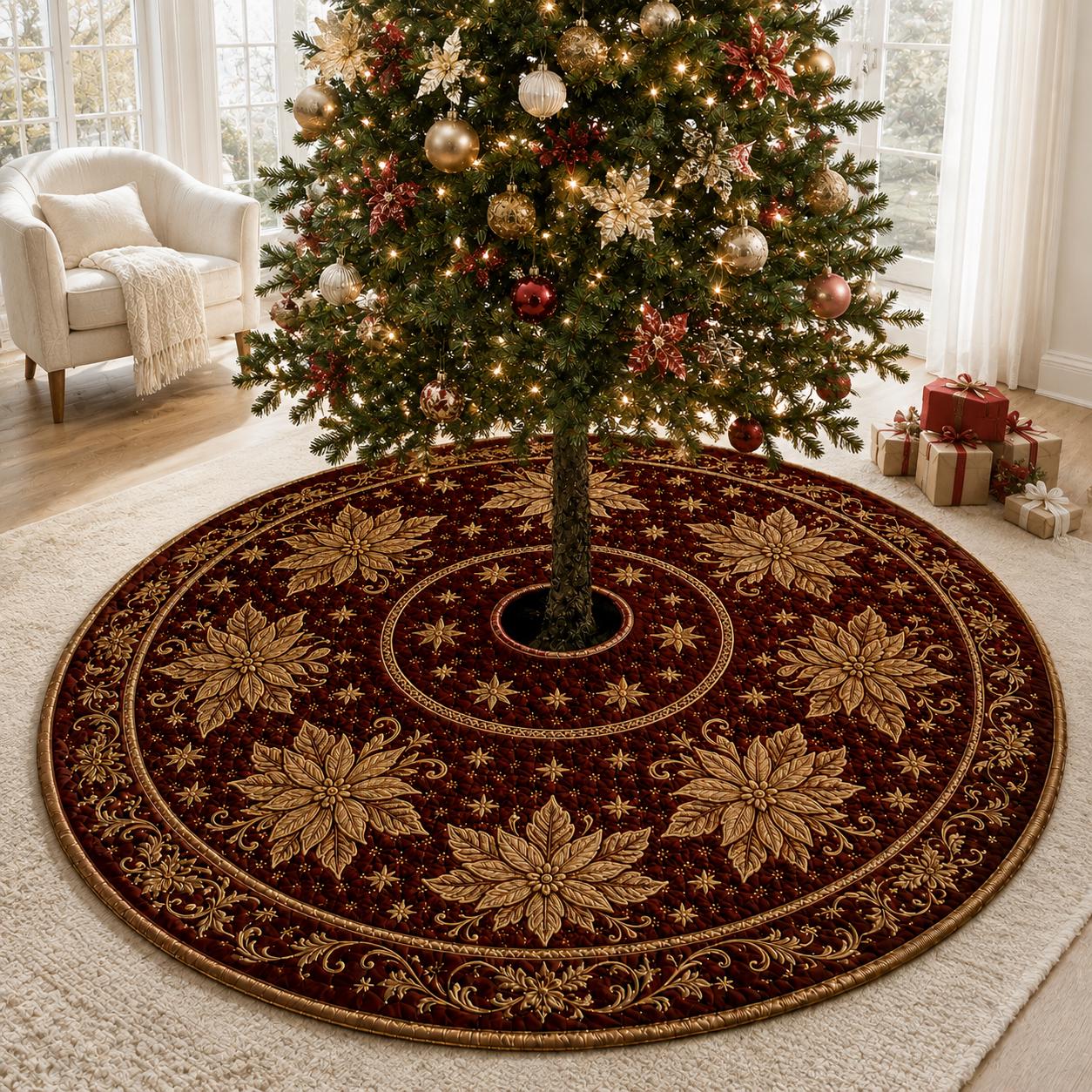 Poinsettia Floral Christmas Tree Skirt – Quilt Style Holiday Tree Mat and Base Cover Decor - photo 4