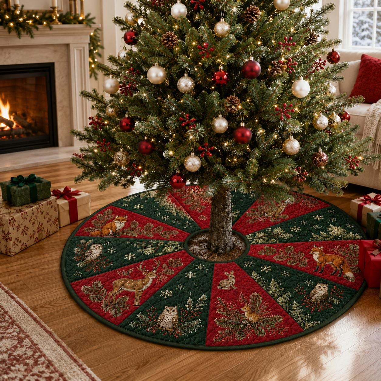 Woodland Animal Christmas Tree Skirt – Quilt Style Forest Holiday Tree Mat Base Cover with Deer, Fox, and Owl Decor