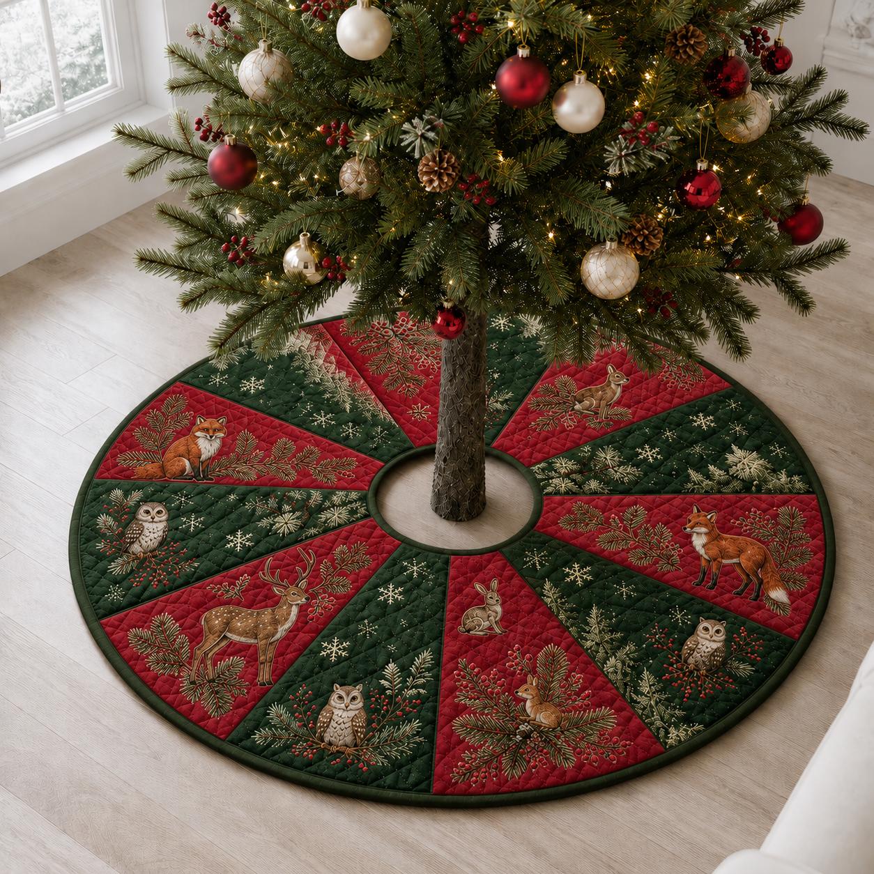 Woodland Animal Christmas Tree Skirt – Quilt Style Forest Holiday Tree Mat Base Cover with Deer, Fox, and Owl Decor - photo 2