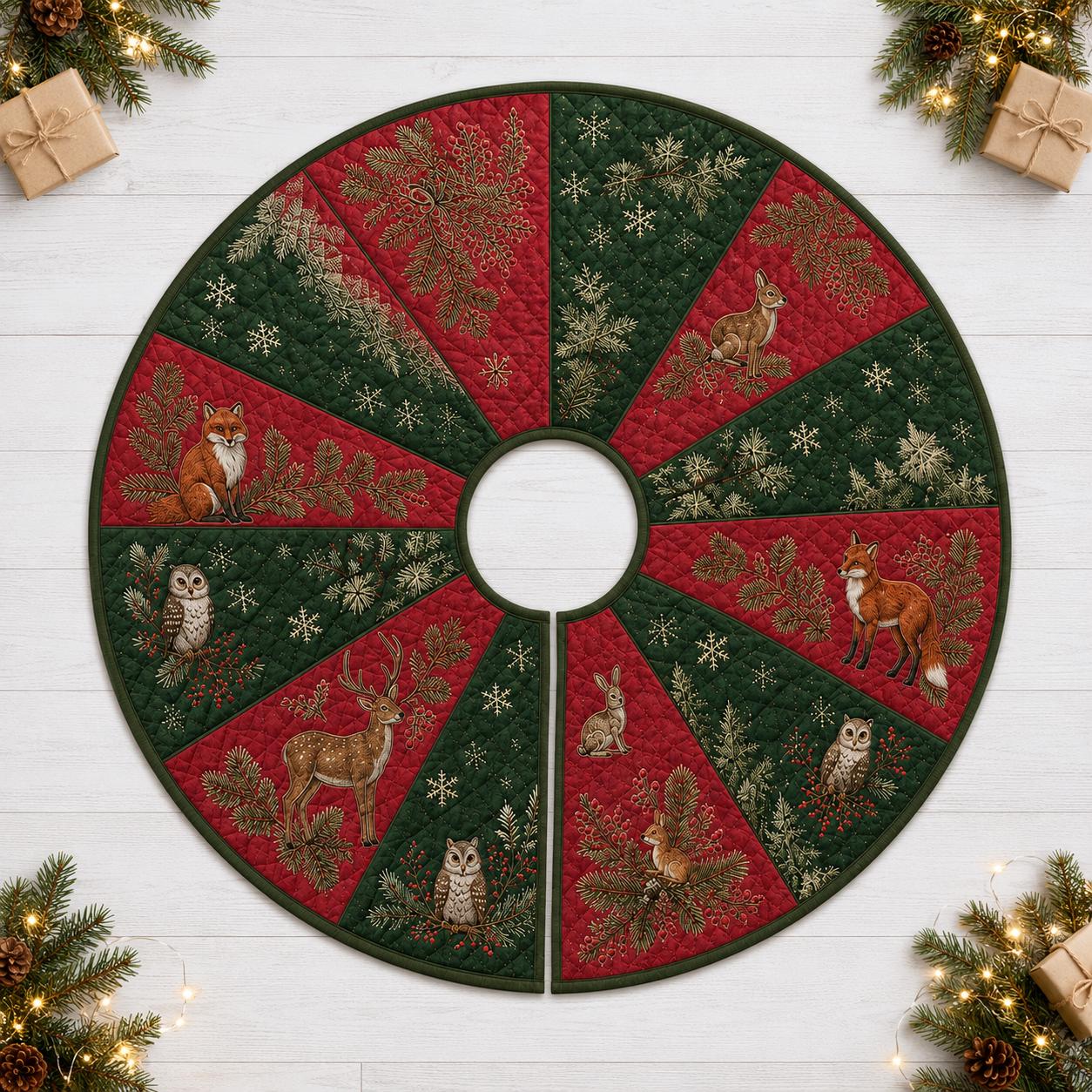 Woodland Animal Christmas Tree Skirt – Quilt Style Forest Holiday Tree Mat Base Cover with Deer, Fox, and Owl Decor - photo 3