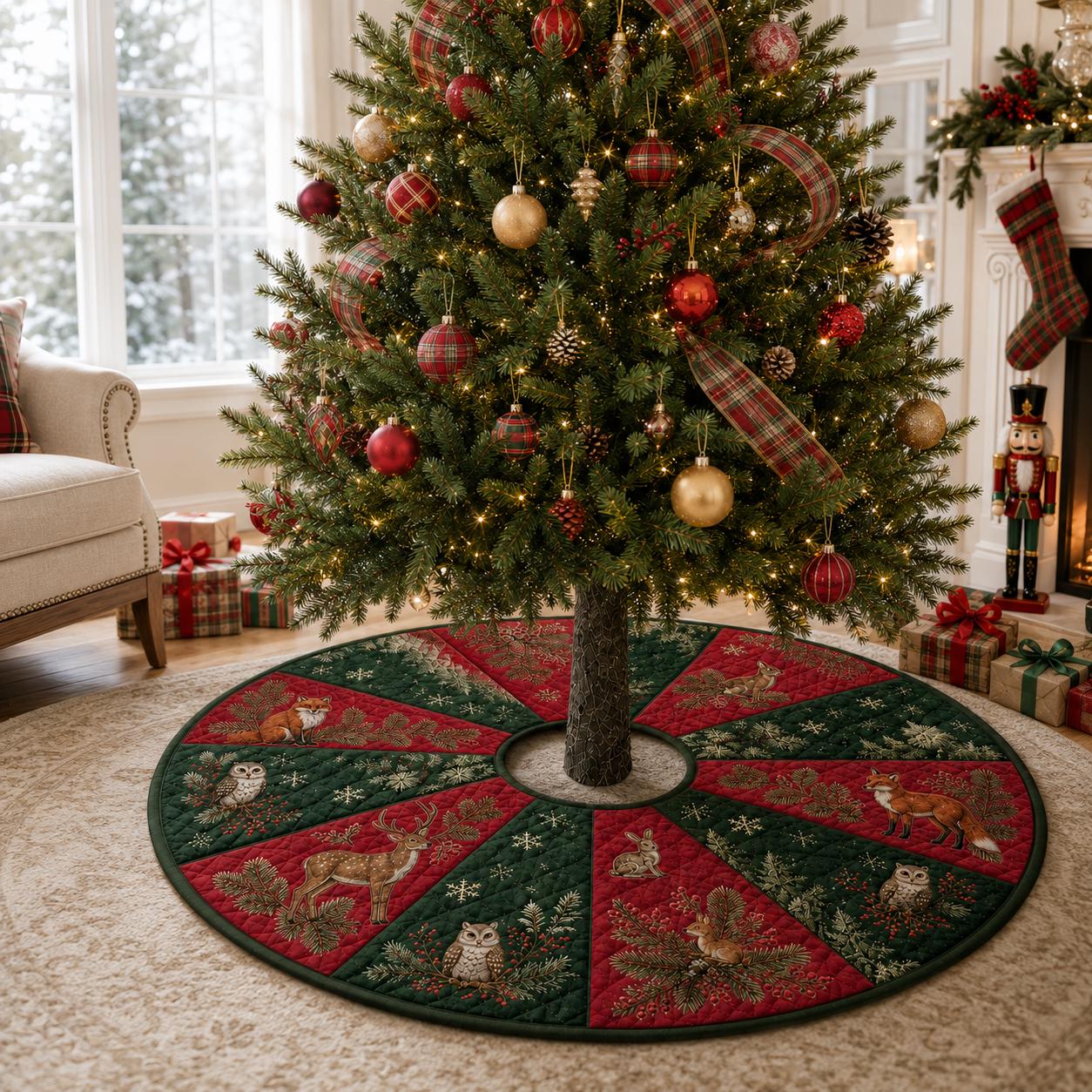 Woodland Animal Christmas Tree Skirt – Quilt Style Forest Holiday Tree Mat Base Cover with Deer, Fox, and Owl Decor - photo 4
