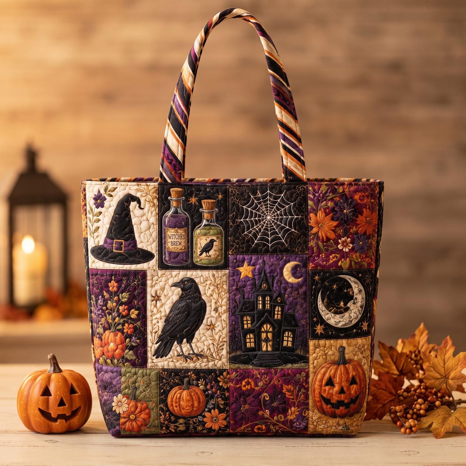 Halloween Patchwork Tote Bag with Witch Hat Raven Haunted House Shoulder Bag and Pumpkin Autumn Market Tote, Spooky Season Gift, Quilted Style