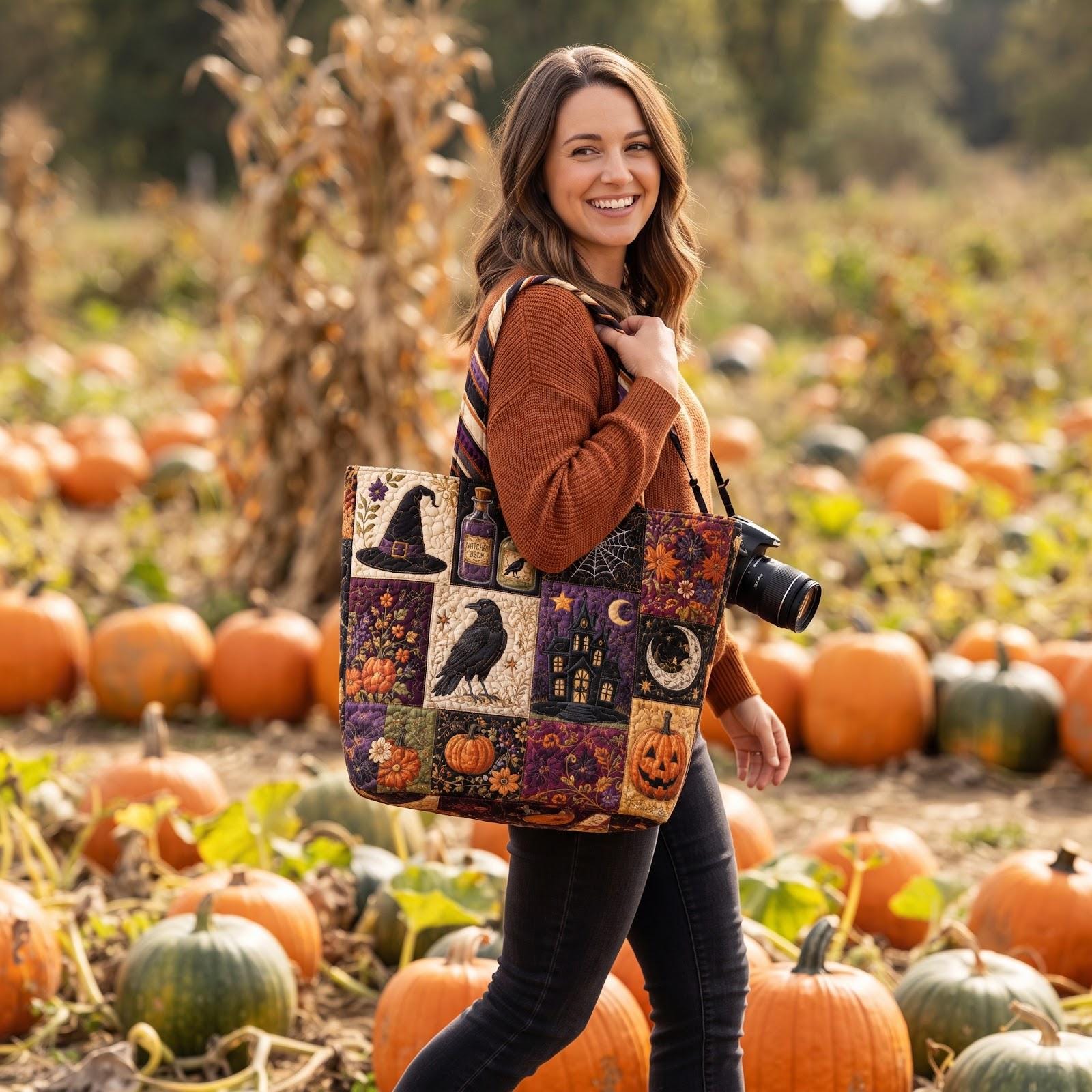 Halloween Patchwork Tote Bag with Witch Hat Raven Haunted House Shoulder Bag and Pumpkin Autumn Market Tote, Spooky Season Gift, Quilted Style - photo 2