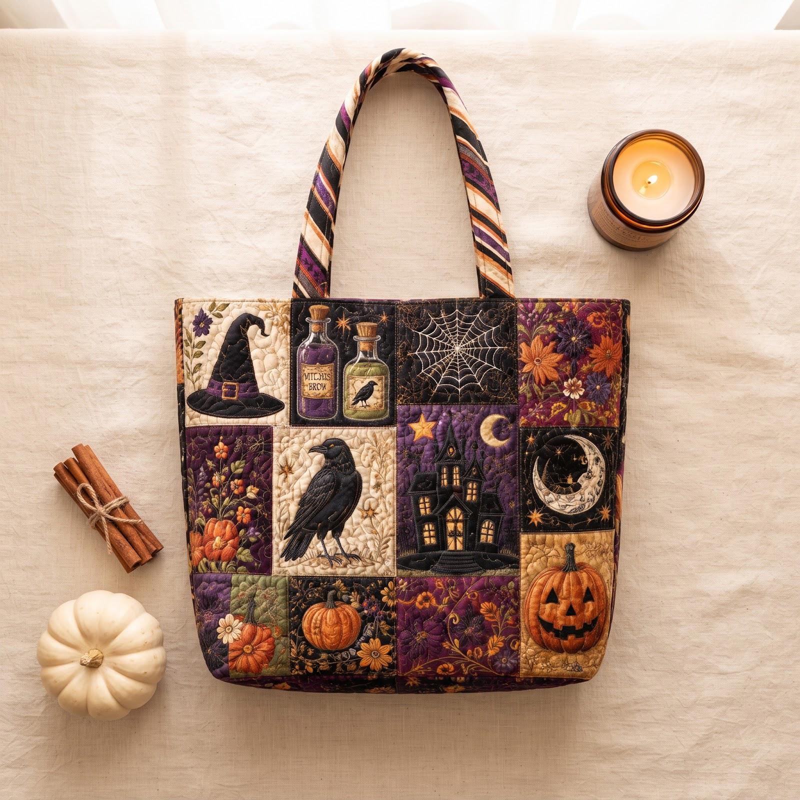 Halloween Patchwork Tote Bag with Witch Hat Raven Haunted House Shoulder Bag and Pumpkin Autumn Market Tote, Spooky Season Gift, Quilted Style - photo 4