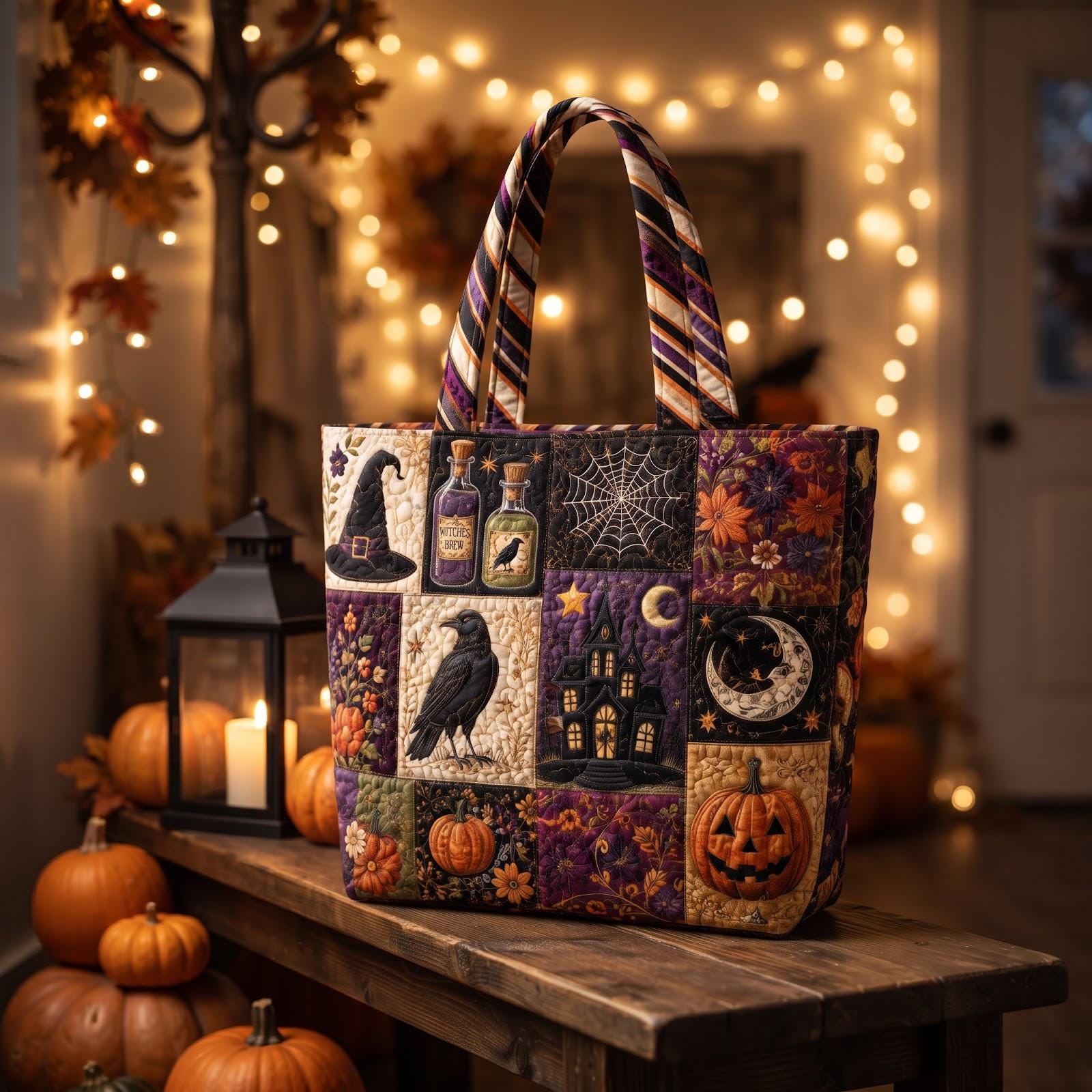 Halloween Patchwork Tote Bag with Witch Hat Raven Haunted House Shoulder Bag and Pumpkin Autumn Market Tote, Spooky Season Gift, Quilted Style - photo 5