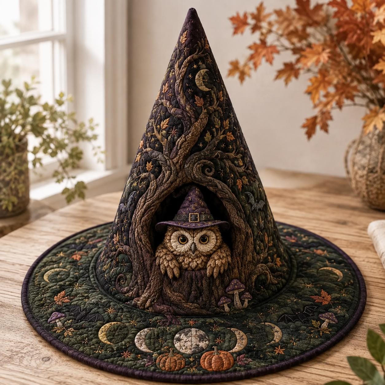 Quilted Woodland Owl Witch Hat – Whimsical Mystical Witchy Fall Halloween Table Decor Centerpiece with Moon and Stars Decoration