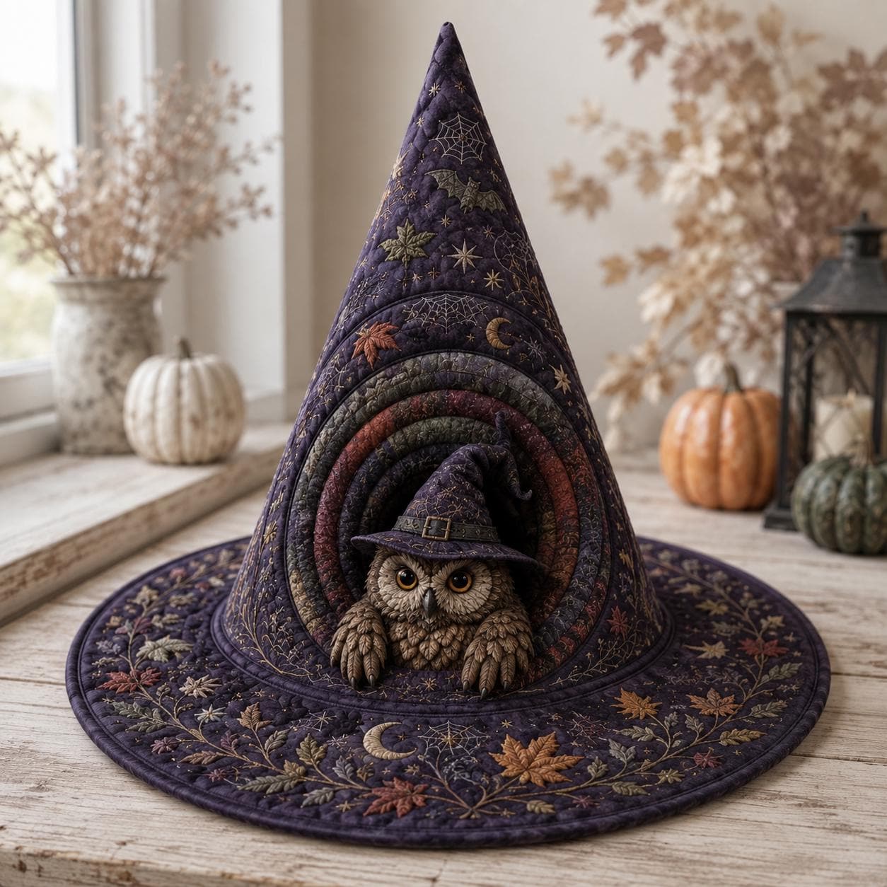 Quilted Woodland Owl Witch Hat – Whimsical Mystical Witchy Fall Halloween Table Decor Centerpiece with Moon and Stars Decoration - photo 2