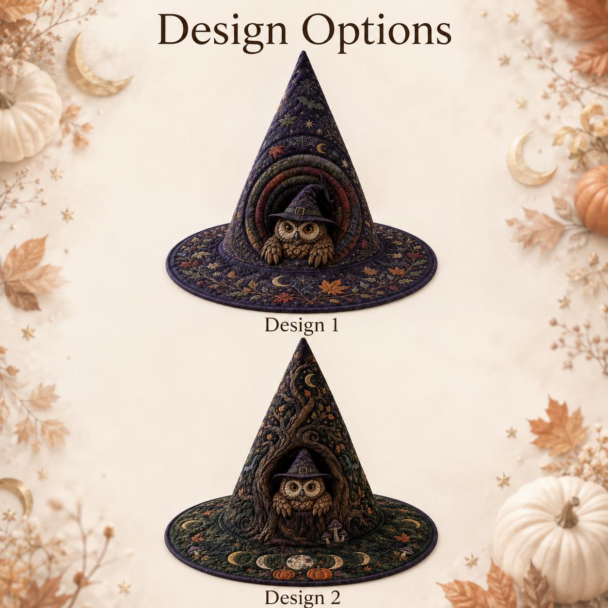 Quilted Woodland Owl Witch Hat – Whimsical Mystical Witchy Fall Halloween Table Decor Centerpiece with Moon and Stars Decoration - photo 3