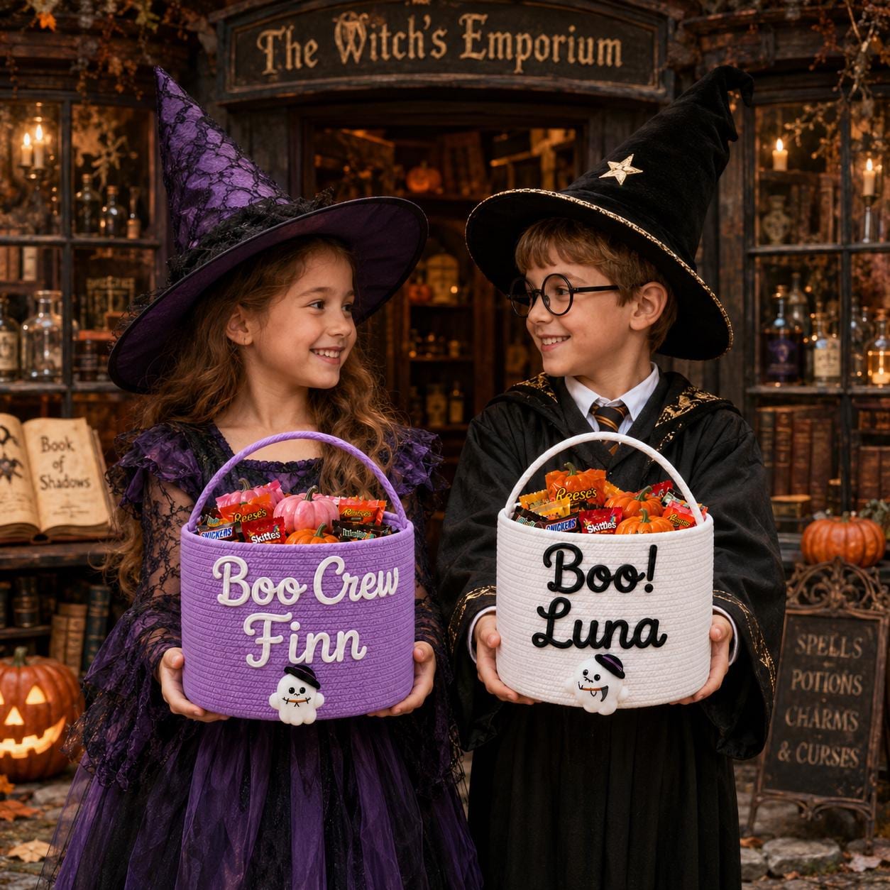 Personalized Custom Name Rope Trick or Treat Basket – Spooky Kids Halloween Candy Bucket and Treat Bag for Boys and Girls
