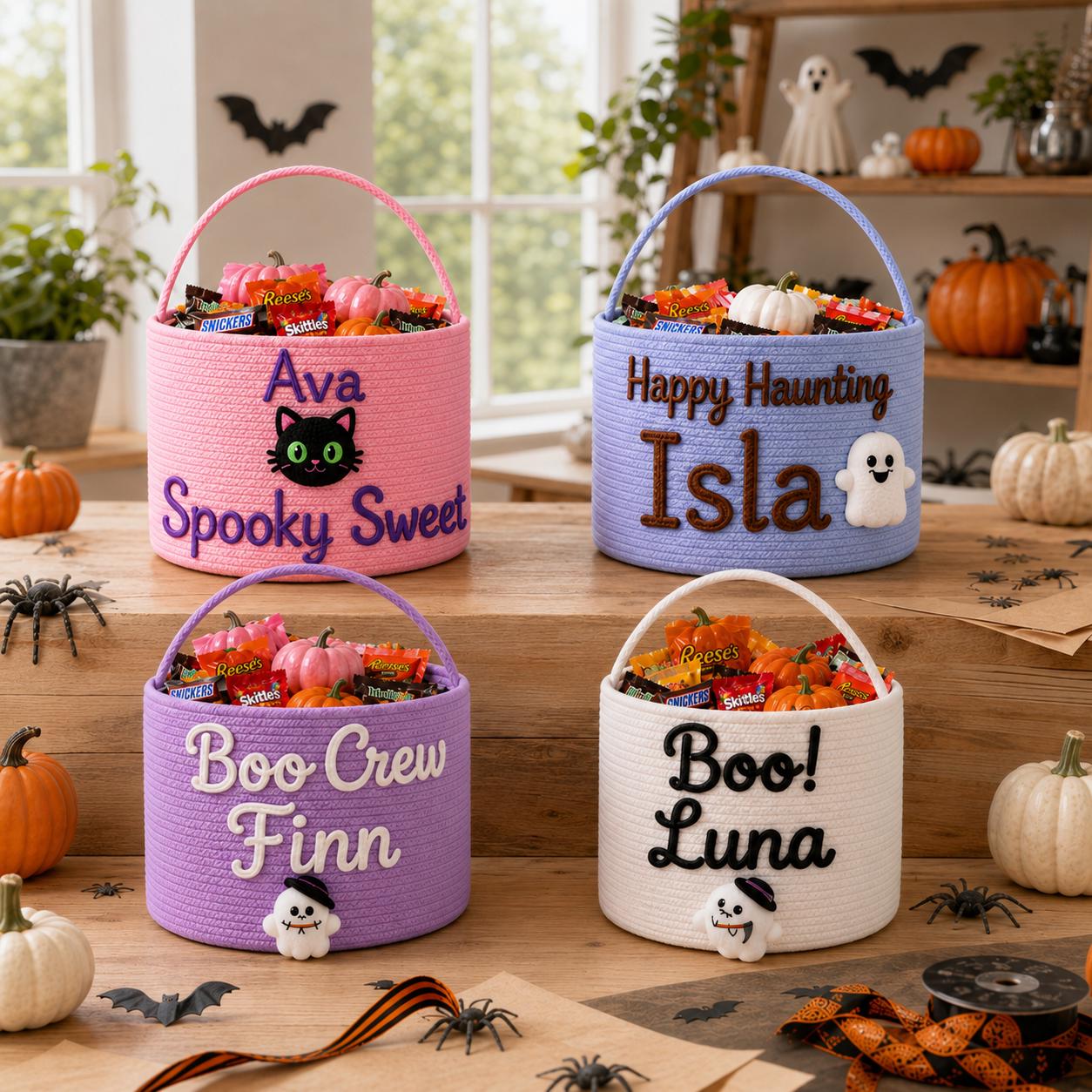 Personalized Custom Name Rope Trick or Treat Basket – Spooky Kids Halloween Candy Bucket and Treat Bag for Boys and Girls - photo 2