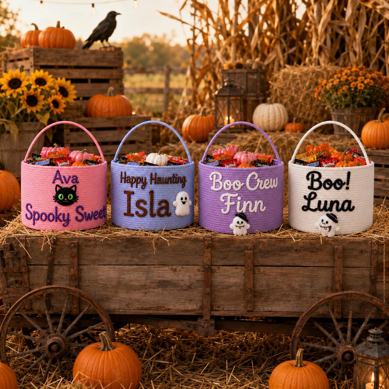 Personalized Custom Name Rope Trick or Treat Basket – Spooky Kids Halloween Candy Bucket and Treat Bag for Boys and Girls - photo 6