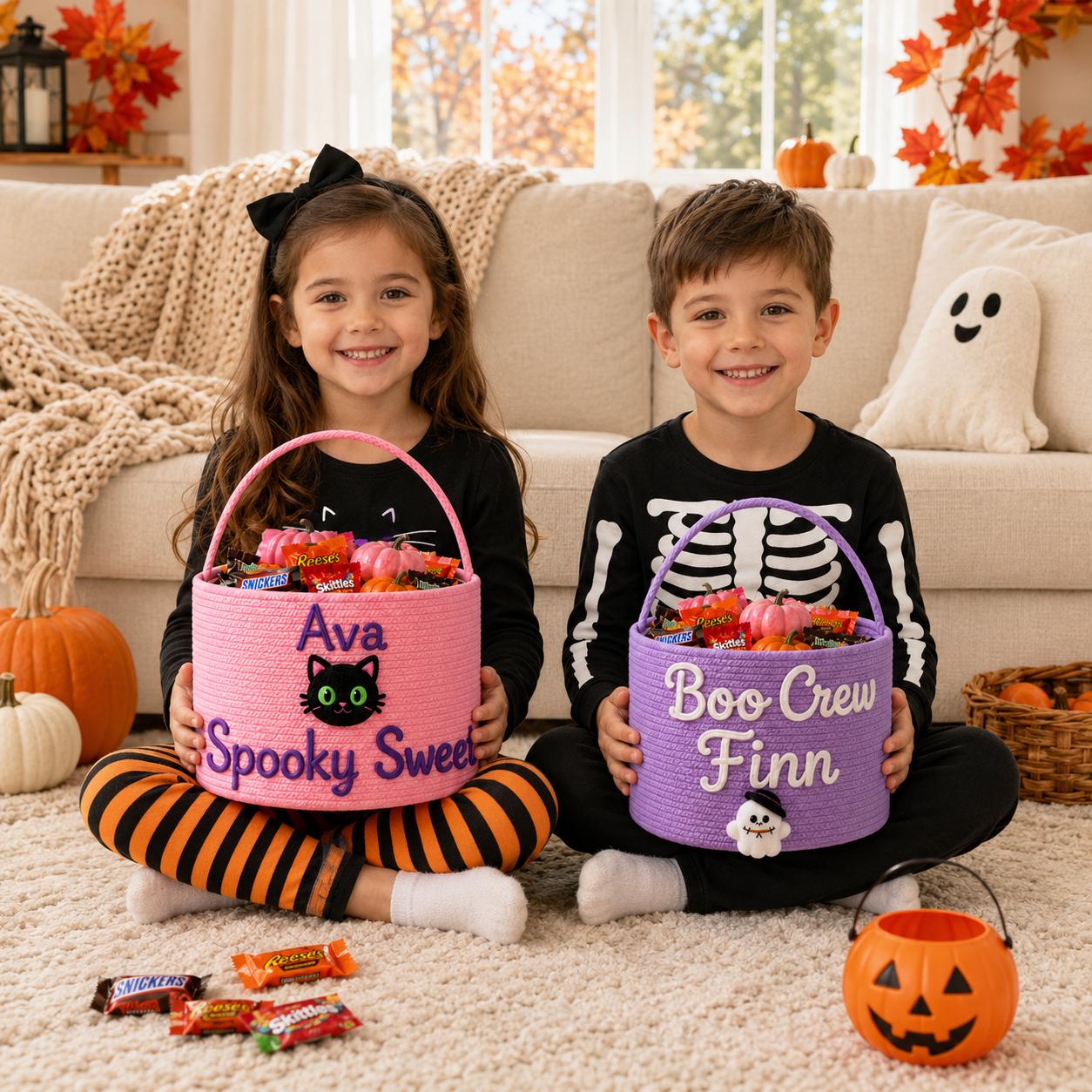 Personalized Custom Name Rope Trick or Treat Basket – Spooky Kids Halloween Candy Bucket and Treat Bag for Boys and Girls - photo 7