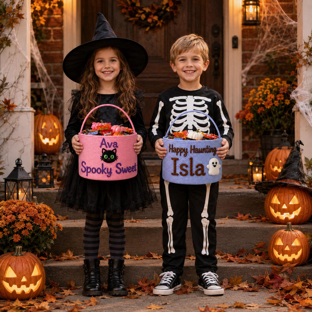 Personalized Custom Name Rope Trick or Treat Basket – Spooky Kids Halloween Candy Bucket and Treat Bag for Boys and Girls - photo 8