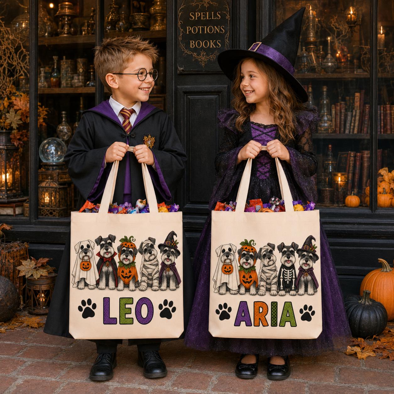 Personalized Custom Name Kids Halloween Tote – Spooky Dog and Puppy Canvas Trick or Treat Candy Bag for Pet Lover Gift