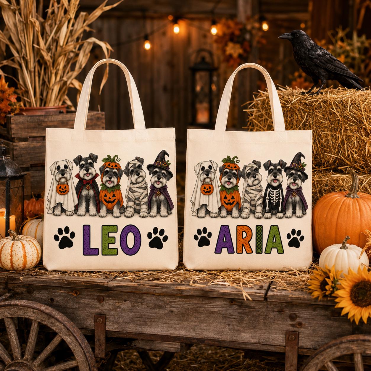 Personalized Custom Name Kids Halloween Tote – Spooky Dog and Puppy Canvas Trick or Treat Candy Bag for Pet Lover Gift - photo 2