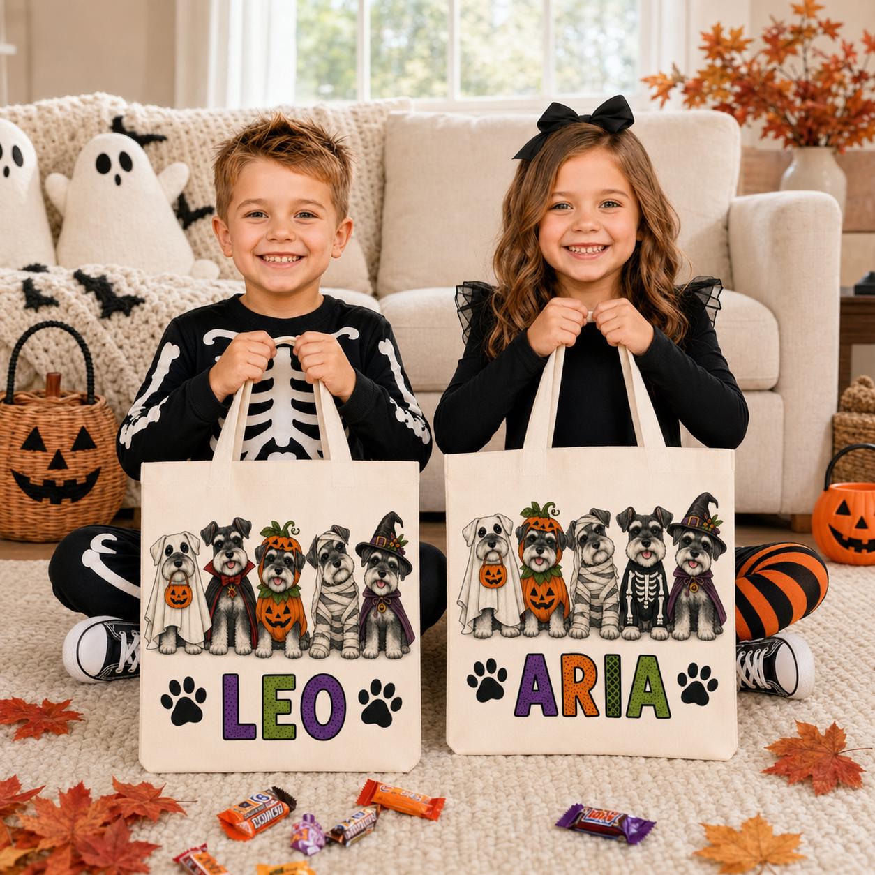 Personalized Custom Name Kids Halloween Tote – Spooky Dog and Puppy Canvas Trick or Treat Candy Bag for Pet Lover Gift - photo 4