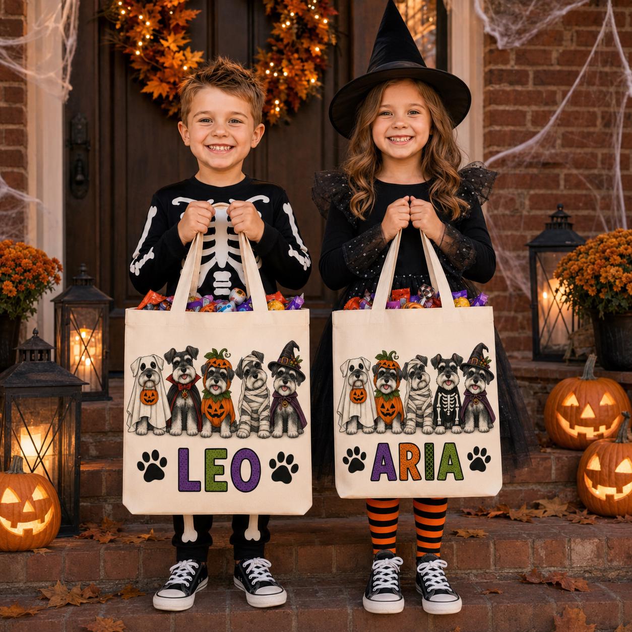 Personalized Custom Name Kids Halloween Tote – Spooky Dog and Puppy Canvas Trick or Treat Candy Bag for Pet Lover Gift - photo 6