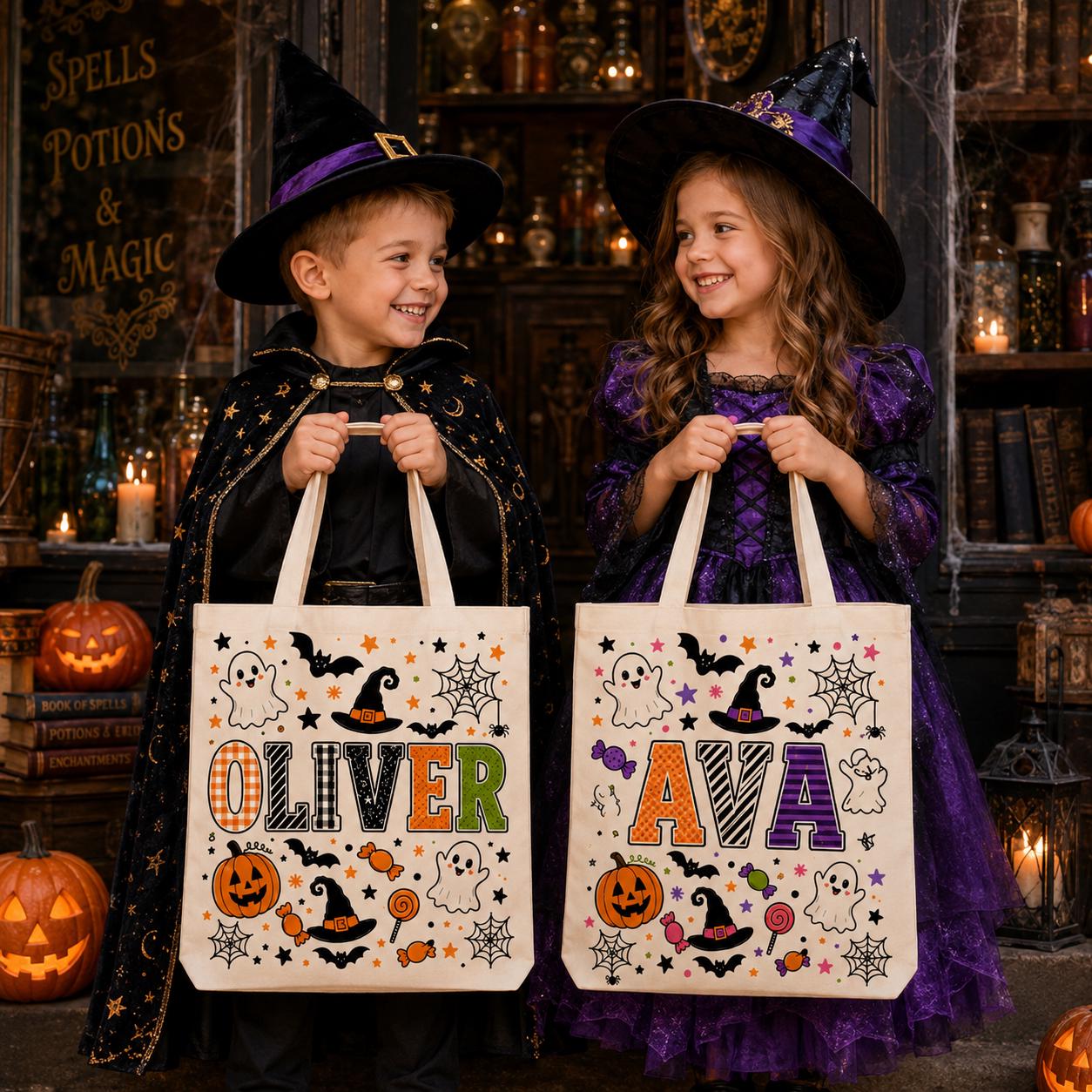 Personalized Custom Name Trick or Treat Canvas Tote Bag – Ghost Pumpkin and Witch Halloween Candy Tote Kids Gift