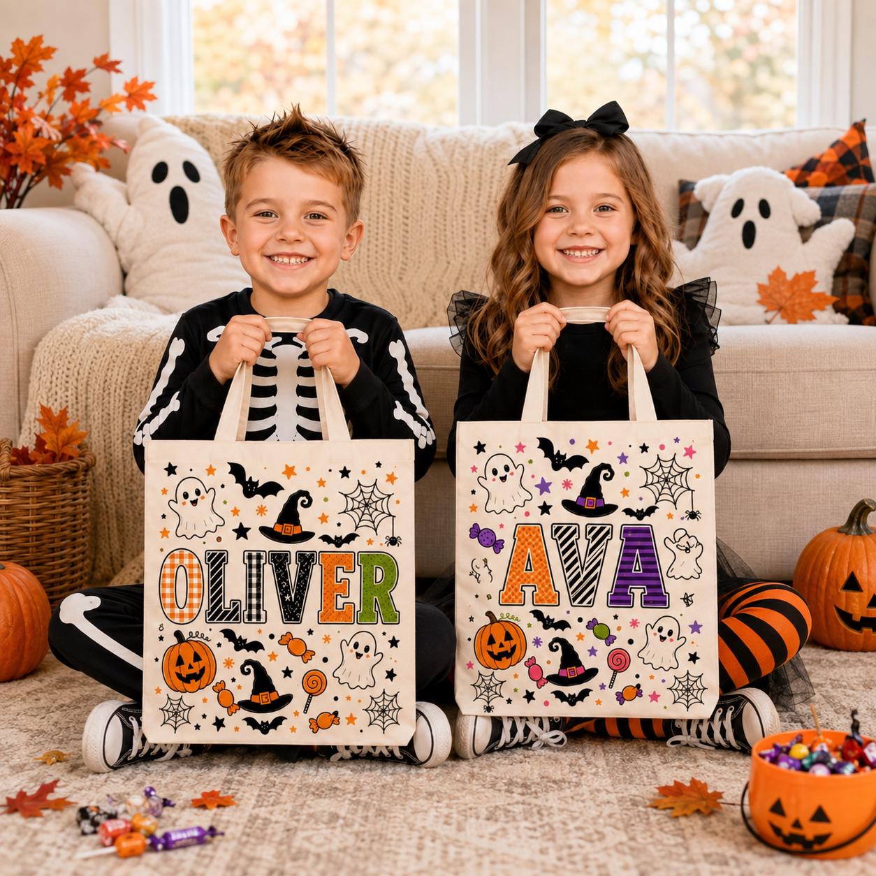 Personalized Custom Name Trick or Treat Canvas Tote Bag – Ghost Pumpkin and Witch Halloween Candy Tote Kids Gift - photo 2