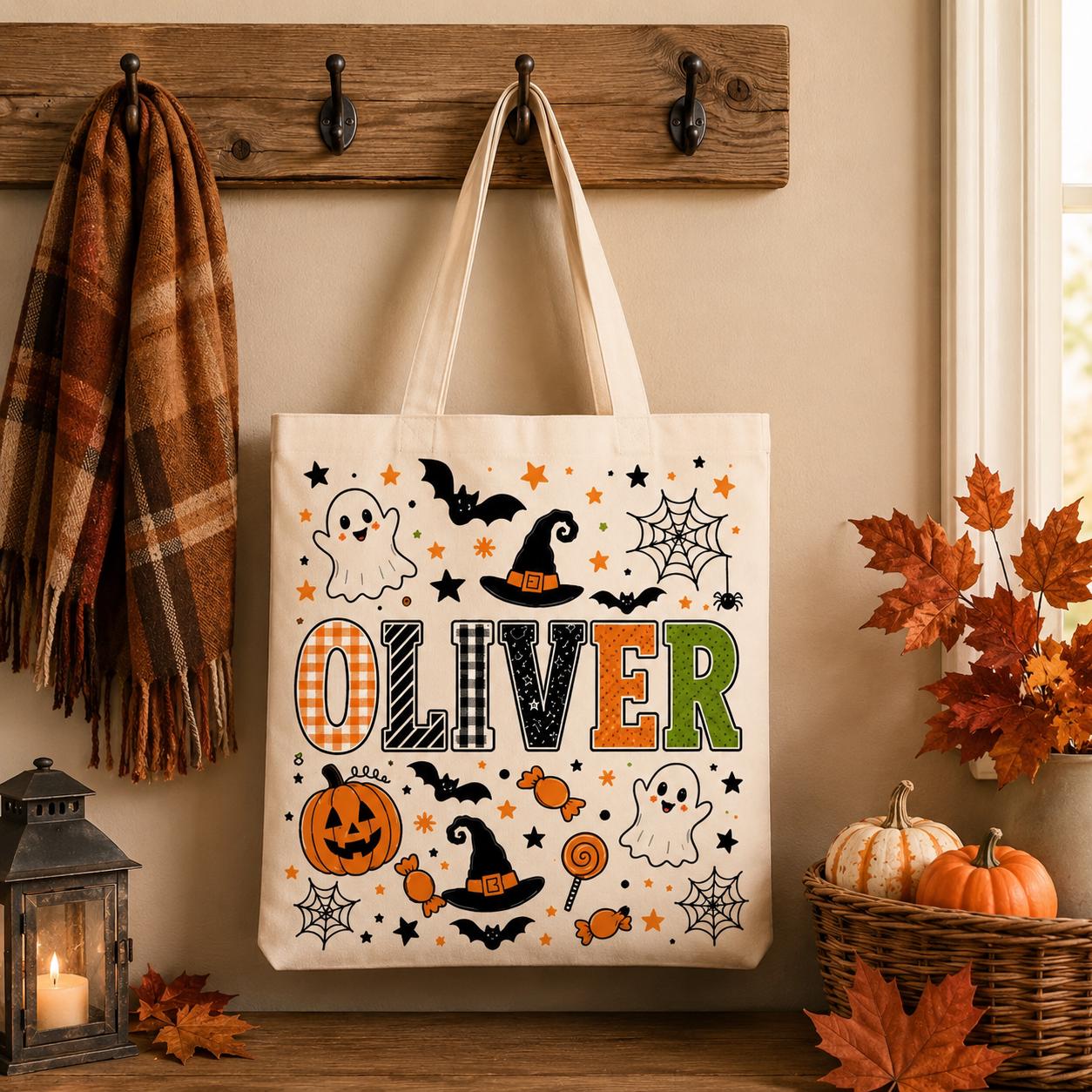 Personalized Custom Name Trick or Treat Canvas Tote Bag – Ghost Pumpkin and Witch Halloween Candy Tote Kids Gift - photo 3