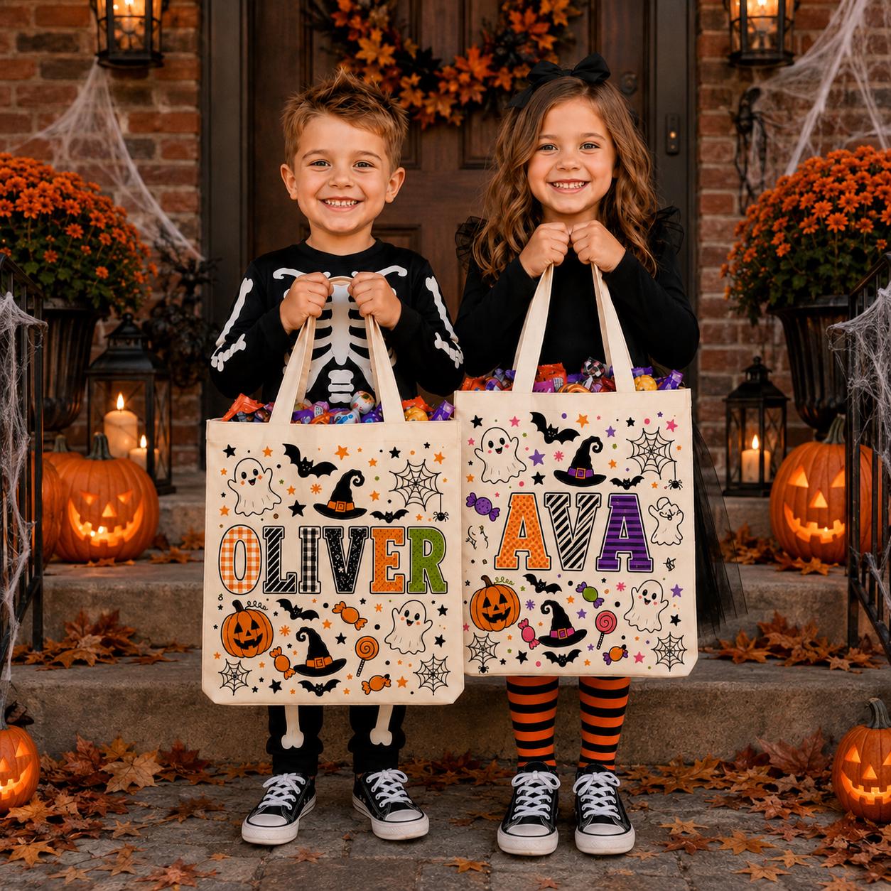 Personalized Custom Name Trick or Treat Canvas Tote Bag – Ghost Pumpkin and Witch Halloween Candy Tote Kids Gift - photo 5