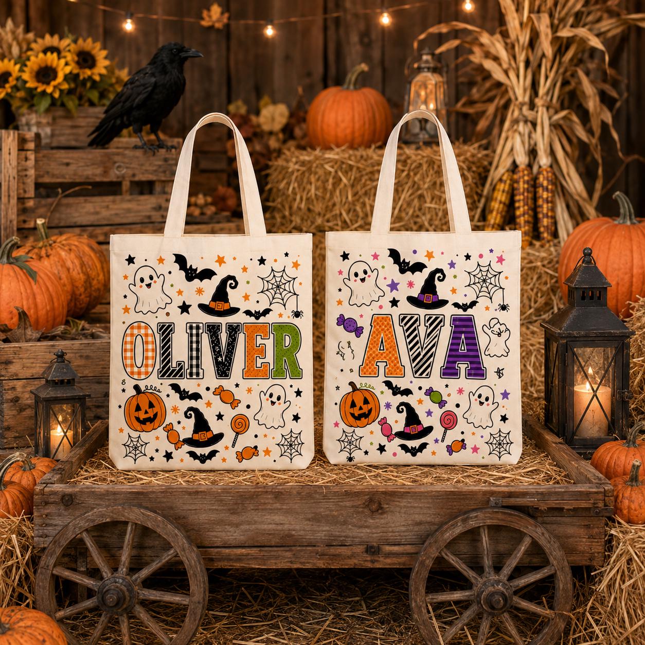 Personalized Custom Name Trick or Treat Canvas Tote Bag – Ghost Pumpkin and Witch Halloween Candy Tote Kids Gift - photo 6