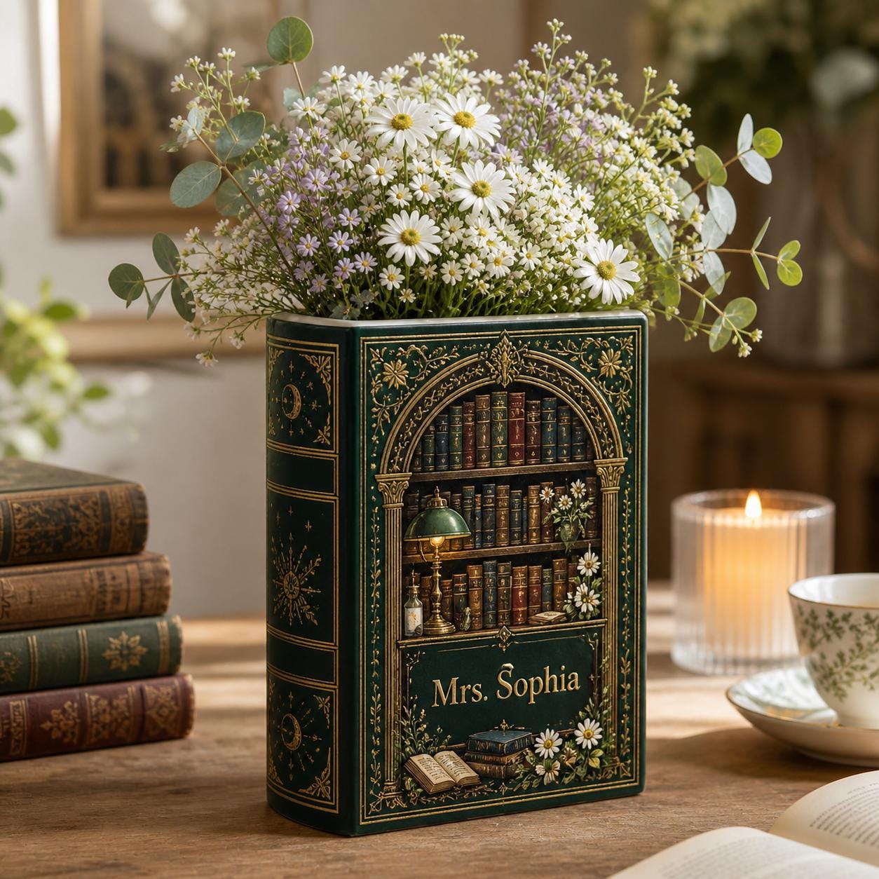 Personalized Book Vase with Vintage Library Book Decor and Custom Name Floral Book Vase, Book Lover Gift, Literary Home Decor, Reading Room Decor