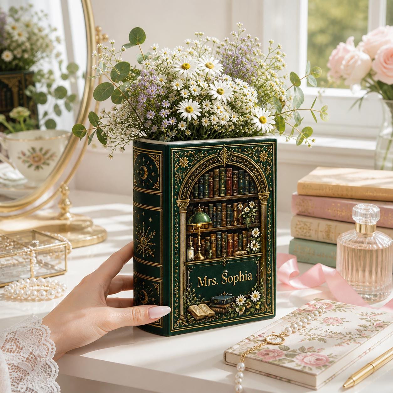 Personalized Book Vase with Vintage Library Book Decor and Custom Name Floral Book Vase, Book Lover Gift, Literary Home Decor, Reading Room Decor - photo 2
