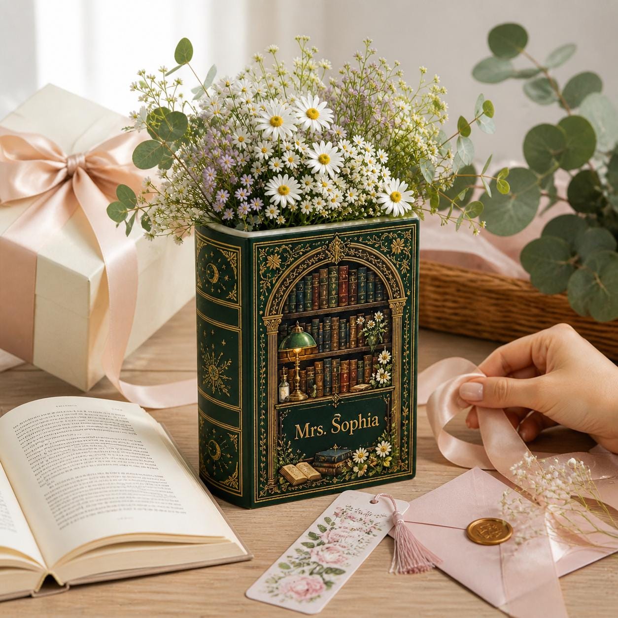 Personalized Book Vase with Vintage Library Book Decor and Custom Name Floral Book Vase, Book Lover Gift, Literary Home Decor, Reading Room Decor - photo 5