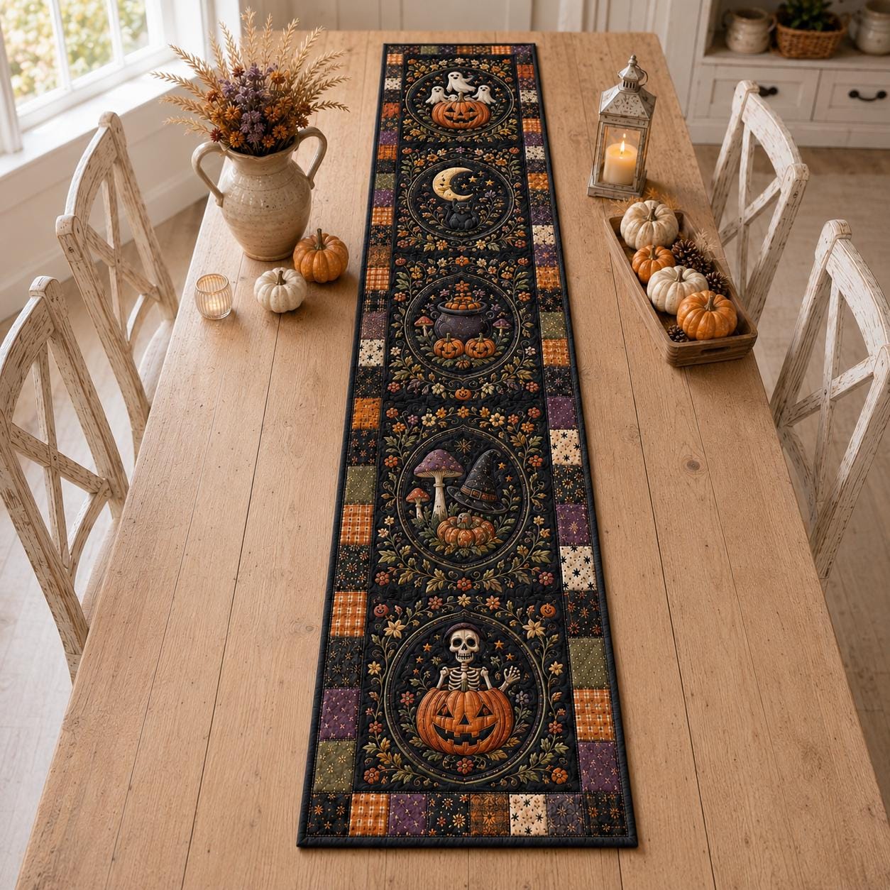 Halloween Quilted Table Runner with Pumpkin Skeleton Moon Design for Gothic Spooky Dining and Witchy Fall Decor