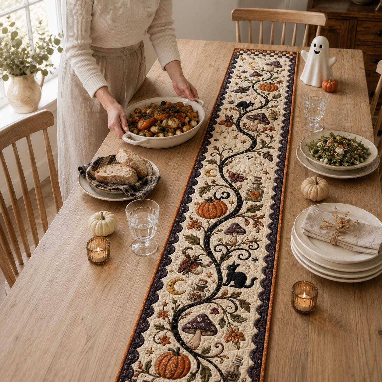 Halloween Quilted Table Runner with Pumpkin Skeleton Moon Design for Gothic Spooky Dining and Witchy Fall Decor - photo 2