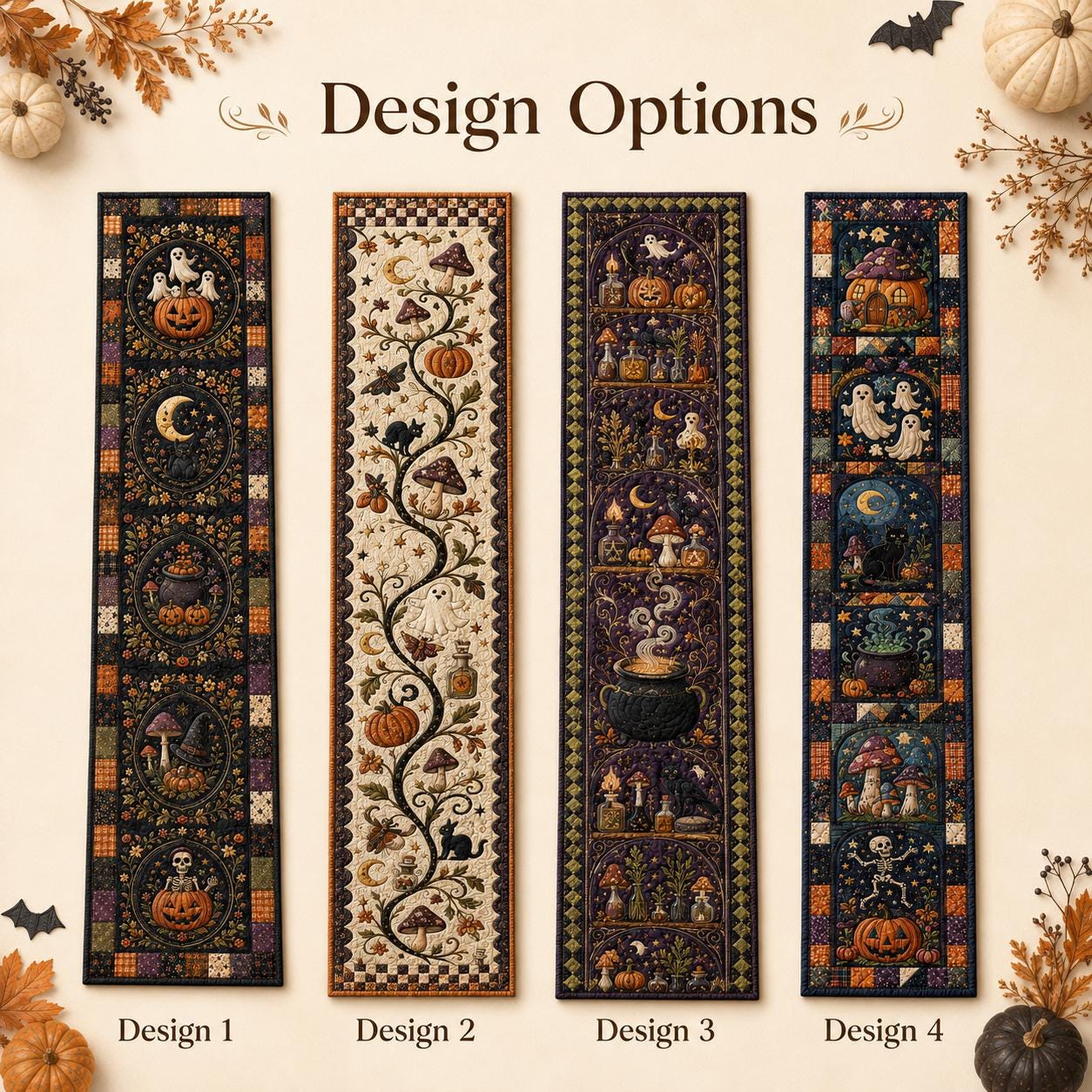 Halloween Quilted Table Runner with Pumpkin Skeleton Moon Design for Gothic Spooky Dining and Witchy Fall Decor - photo 3