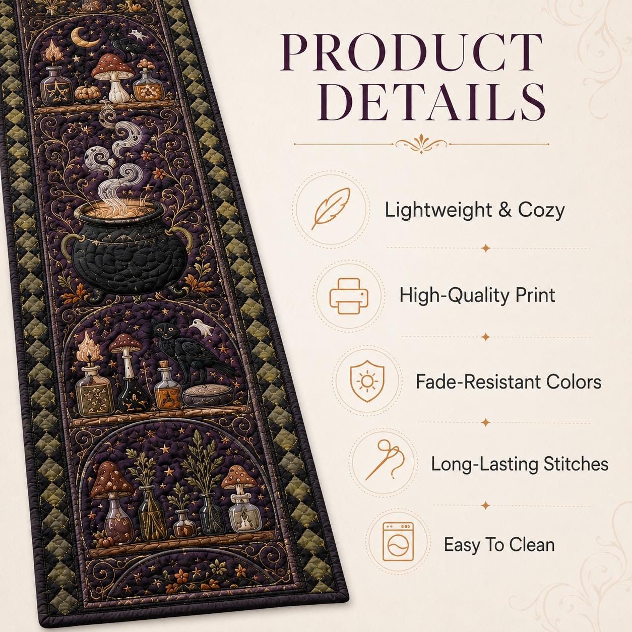 Halloween Quilted Table Runner with Pumpkin Skeleton Moon Design for Gothic Spooky Dining and Witchy Fall Decor - photo 6