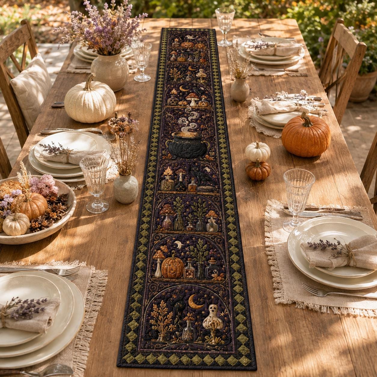 Halloween Quilted Table Runner with Pumpkin Skeleton Moon Design for Gothic Spooky Dining and Witchy Fall Decor - photo 7