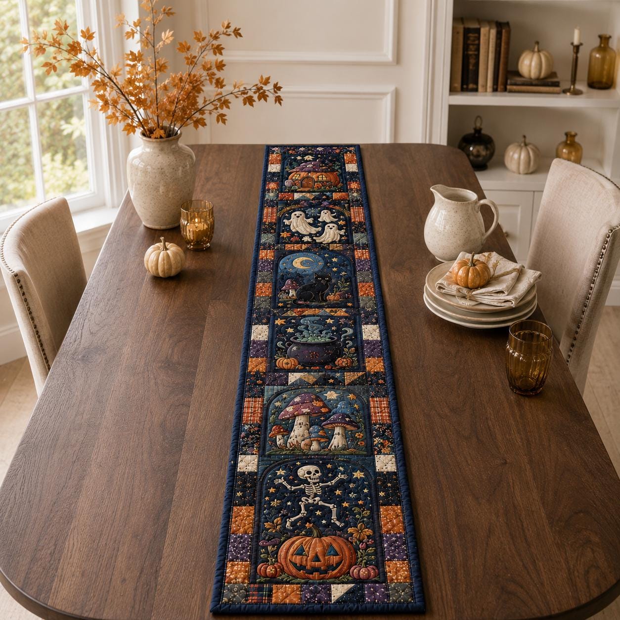 Halloween Quilted Table Runner with Pumpkin Skeleton Moon Design for Gothic Spooky Dining and Witchy Fall Decor - photo 8