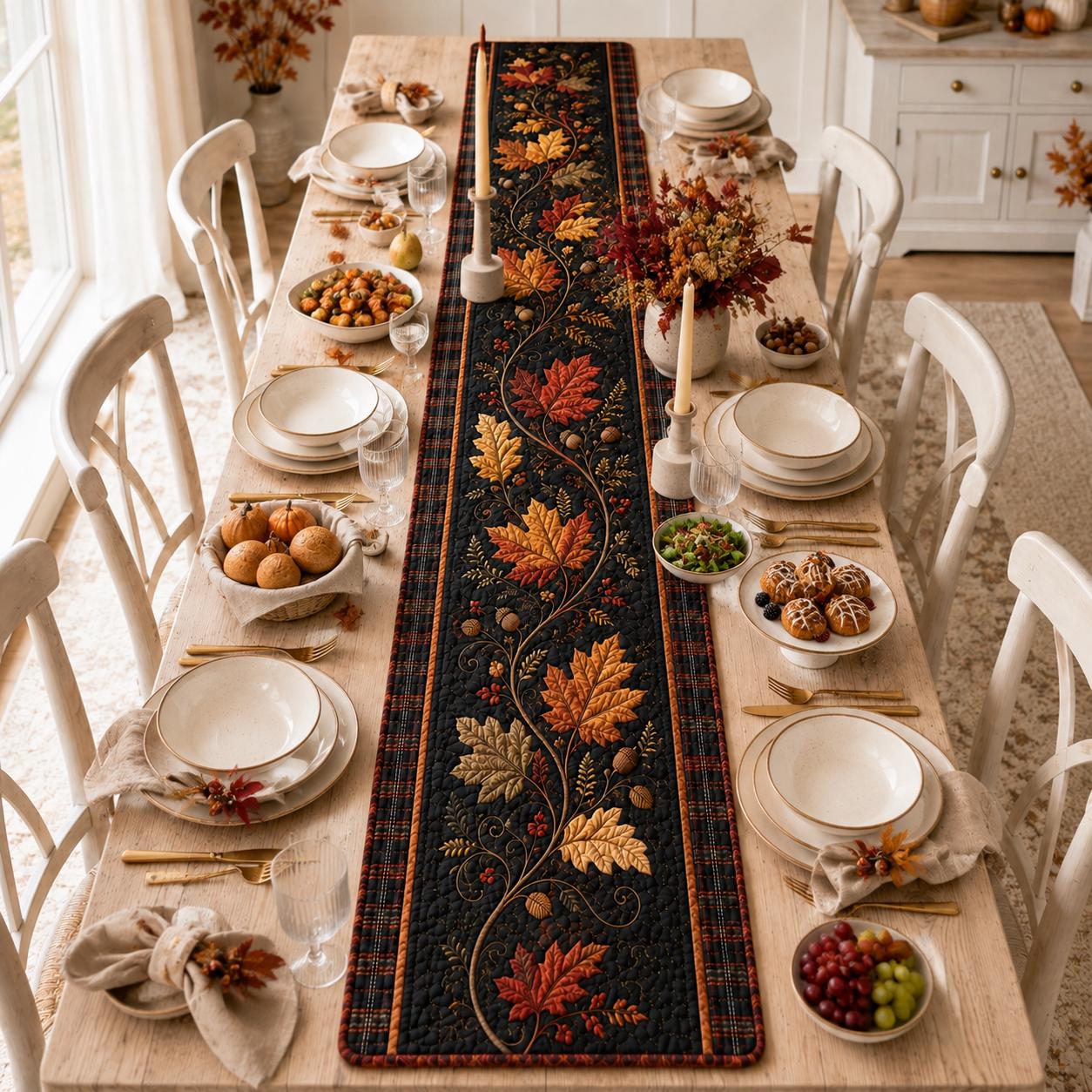 Fall Leaves Quilted Table Runner – Autumn Maple Leaf and Thanksgiving Harvest Farmhouse Dining Decor