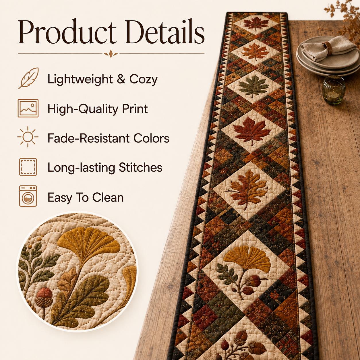 Fall Leaves Quilted Table Runner – Autumn Maple Leaf and Thanksgiving Harvest Farmhouse Dining Decor - photo 7