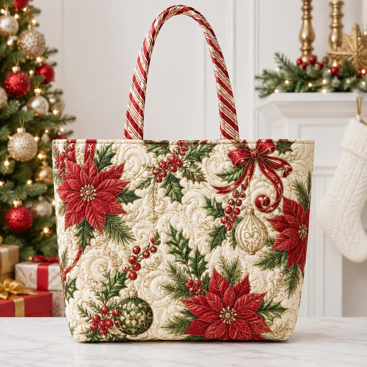Christmas Poinsettia Tote Bag with Holly Berry Holiday Shoulder Bag and Festive Winter Market Tote, Elegant Christmas Gift for Her, Quilted Style