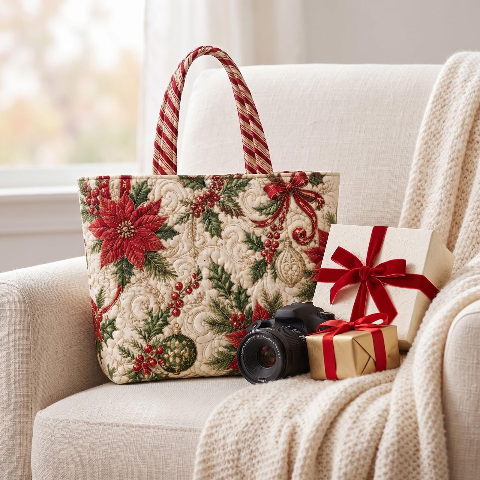 Christmas Poinsettia Tote Bag with Holly Berry Holiday Shoulder Bag and Festive Winter Market Tote, Elegant Christmas Gift for Her, Quilted Style - photo 5