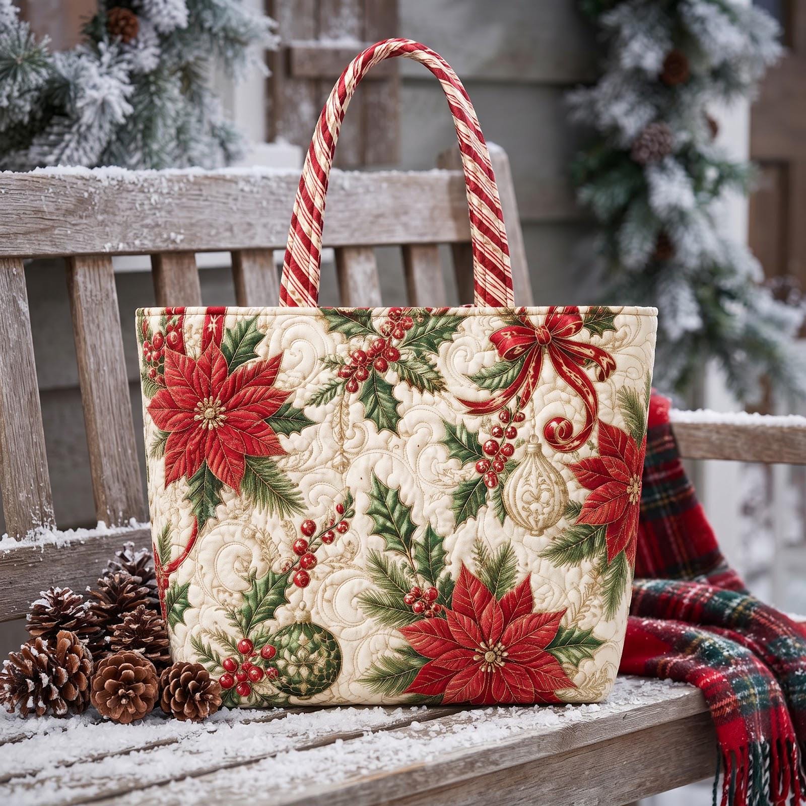 Christmas Poinsettia Tote Bag with Holly Berry Holiday Shoulder Bag and Festive Winter Market Tote, Elegant Christmas Gift for Her, Quilted Style - photo 6