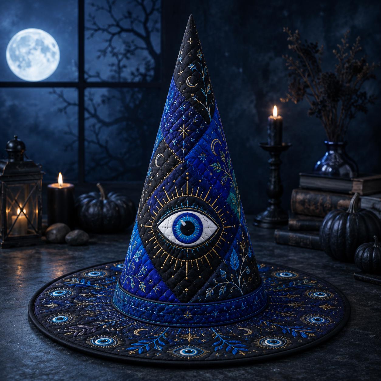 Quilted Celestial Witch Hat Halloween Decor – Gothic Mystical Witchy Table Centerpiece with Evil Eye Moon and Stars Decoration